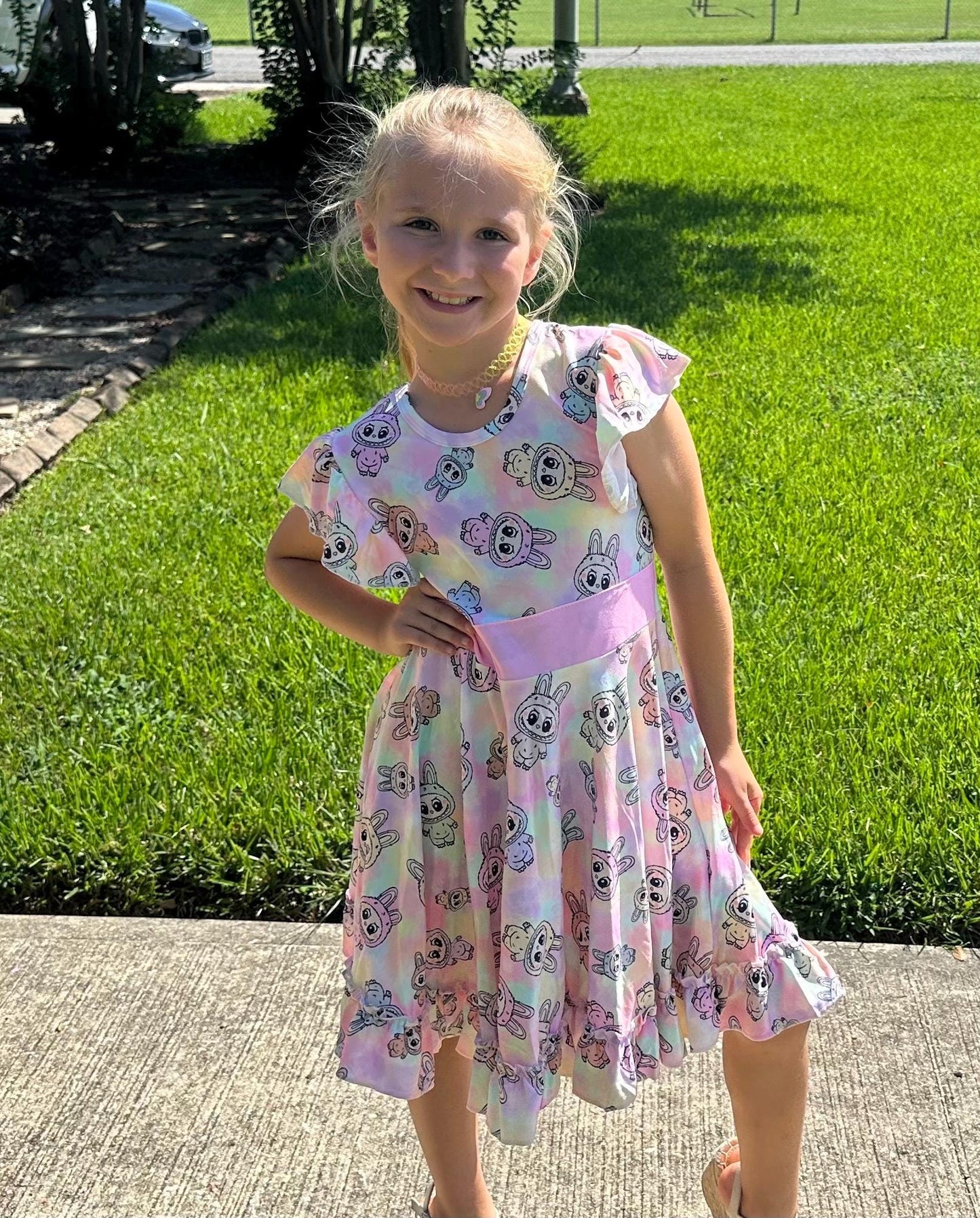 Pastel Labubu Bow Back Twirl Dress