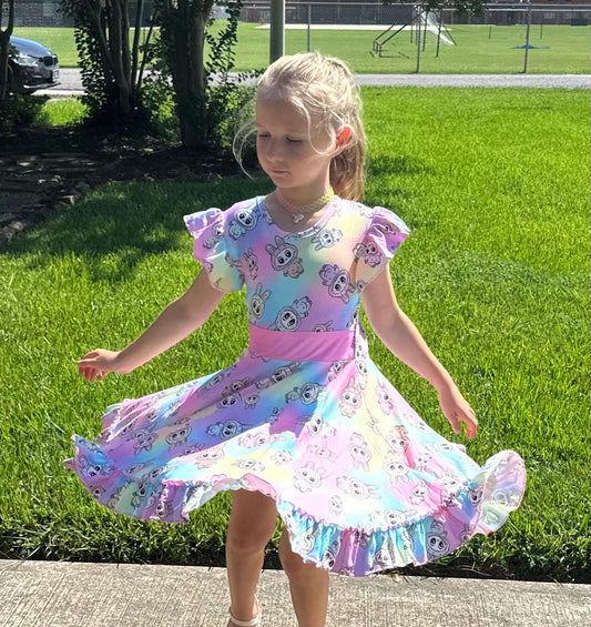 Rainbow Labubu Bow Back Twirl Dress