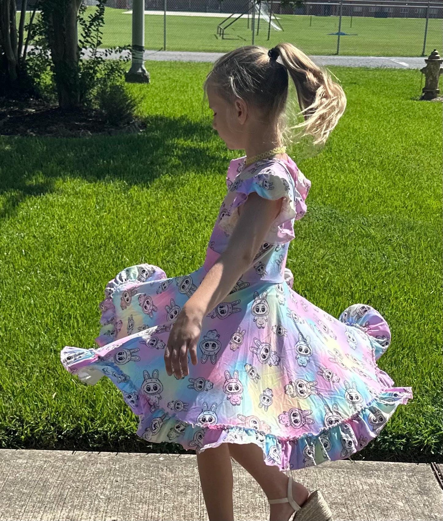 Rainbow Labubu Bow Back Twirl Dress