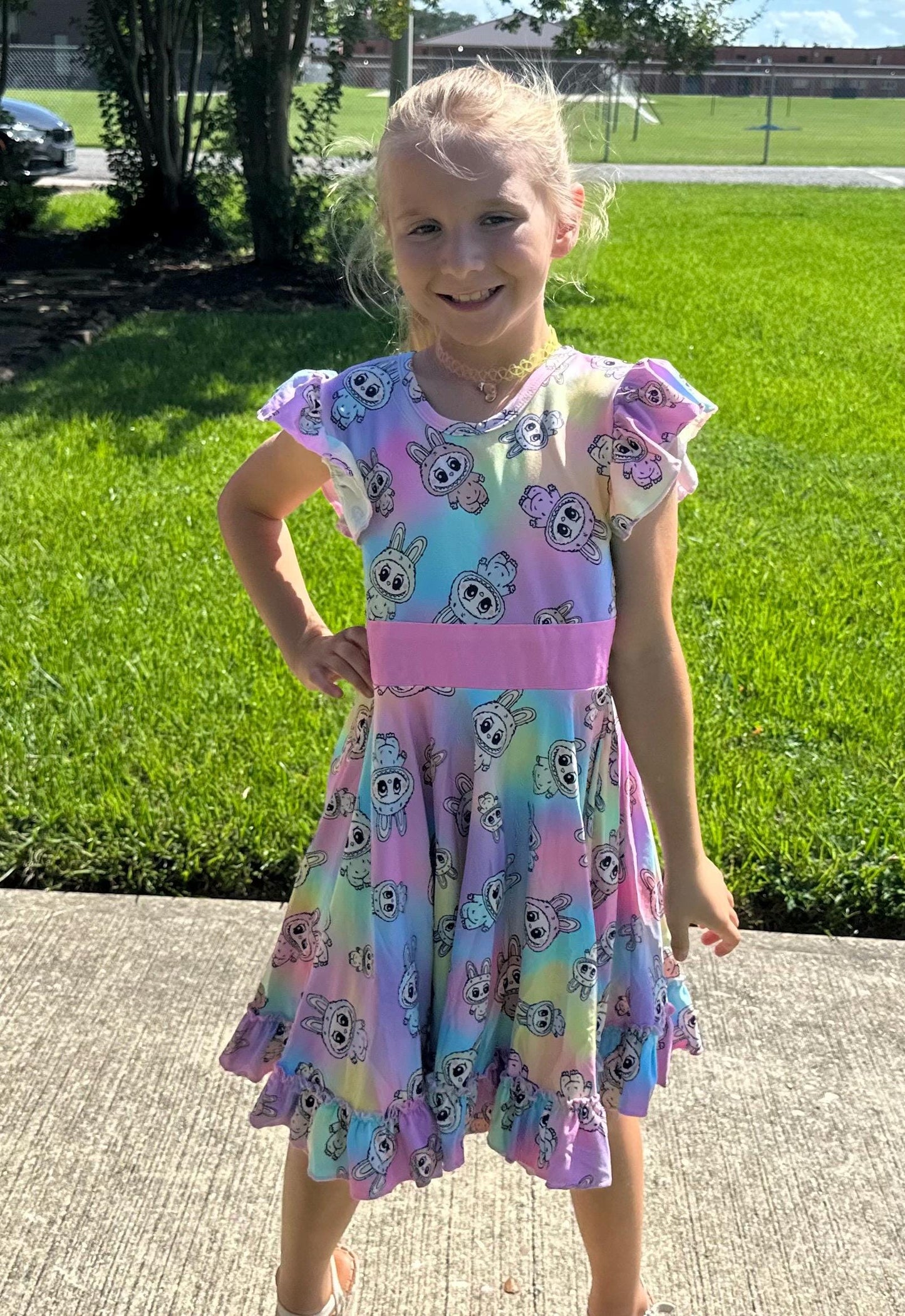 Rainbow Labubu Bow Back Twirl Dress