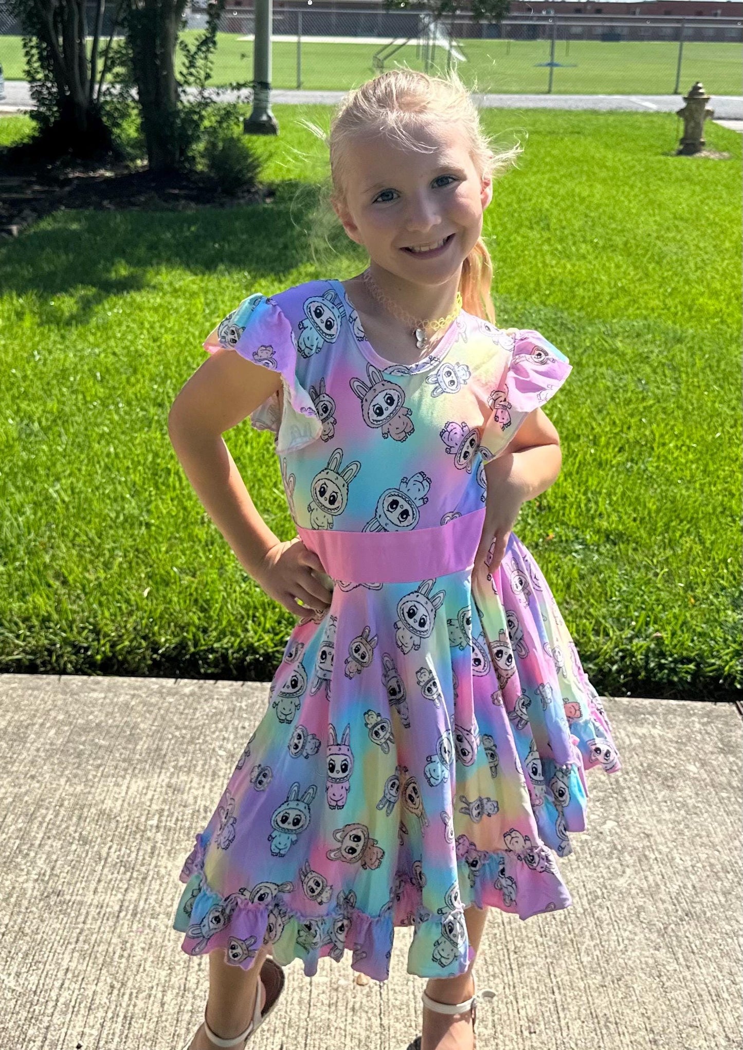Rainbow Labubu Bow Back Twirl Dress