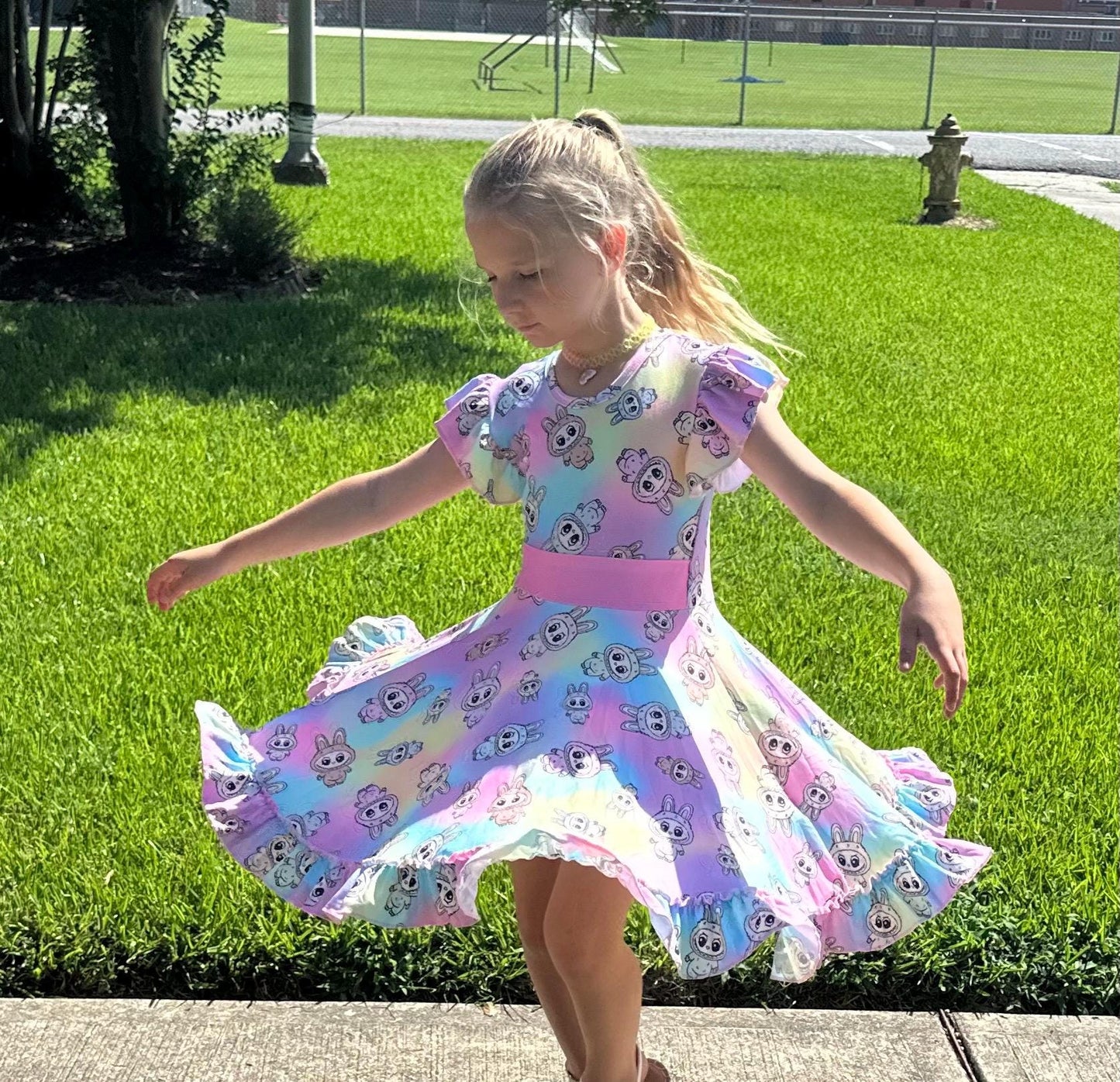 Rainbow Labubu Bow Back Twirl Dress