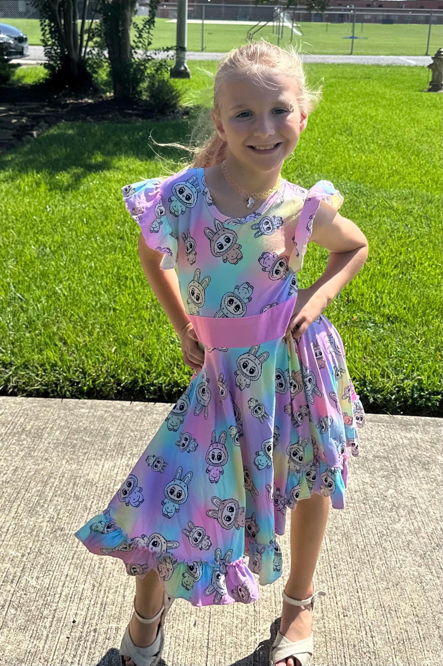 Rainbow Labubu Bow Back Twirl Dress