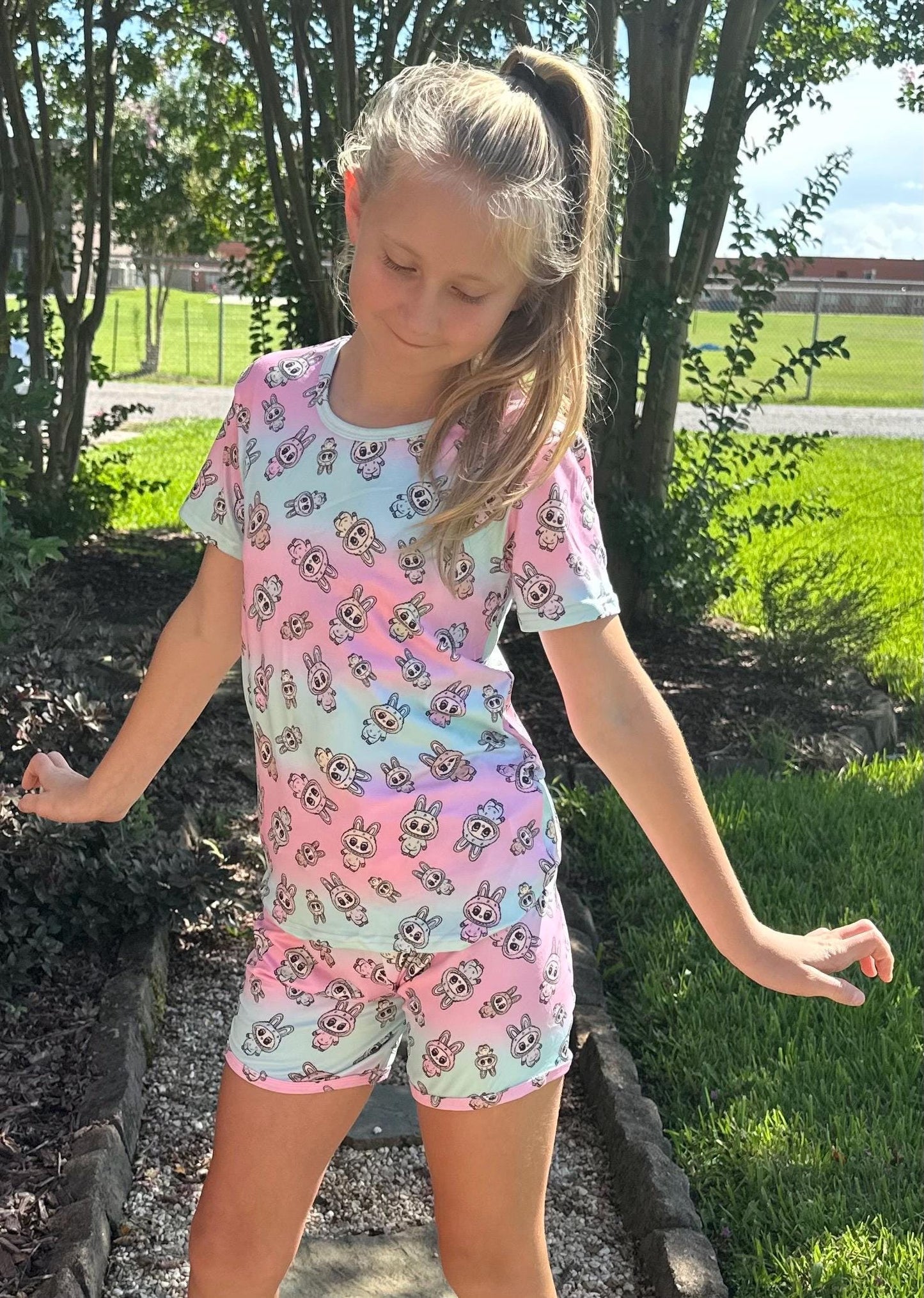 Pink and Blue Labubu Short Set