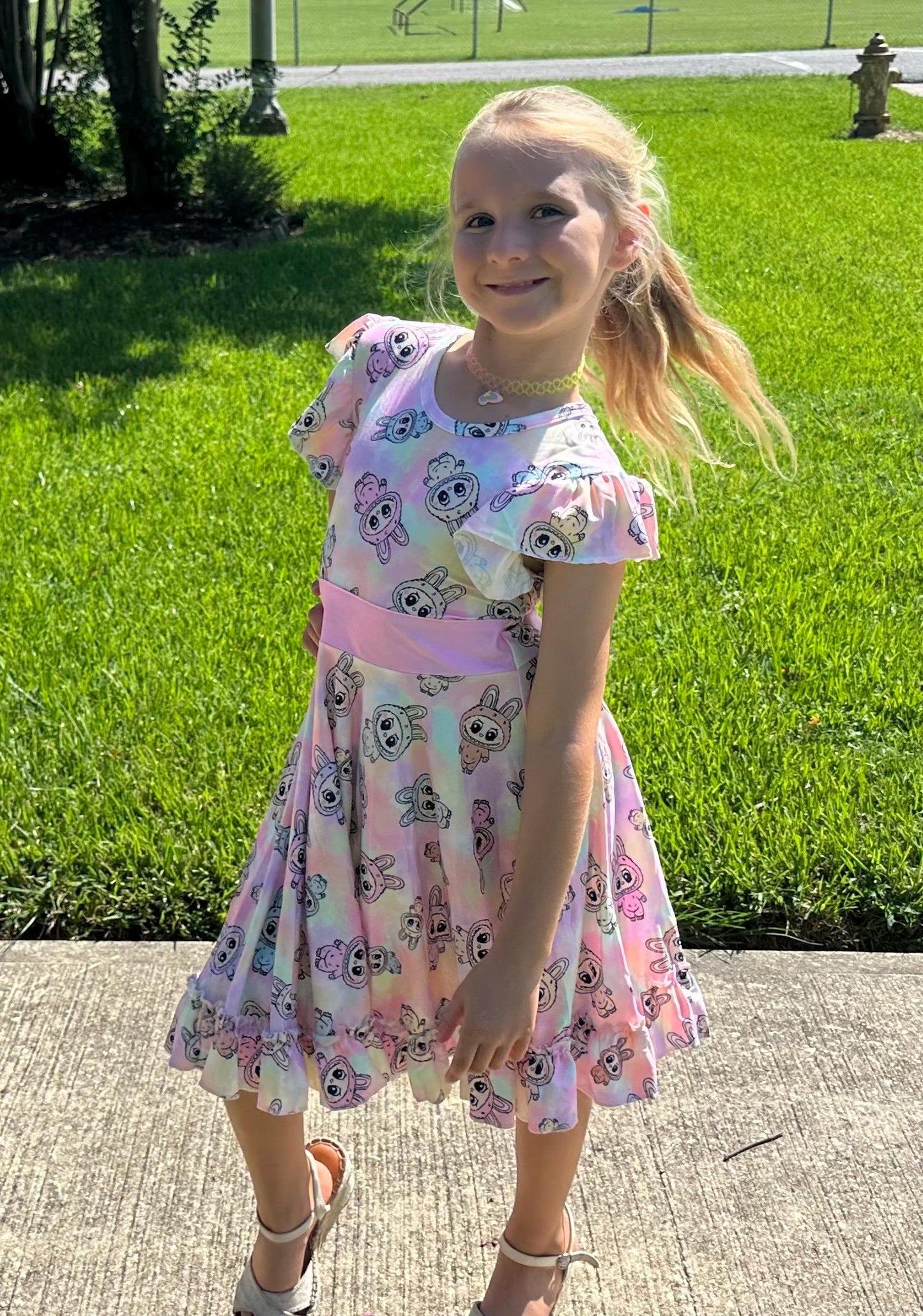 Pastel Labubu Bow Back Twirl Dress