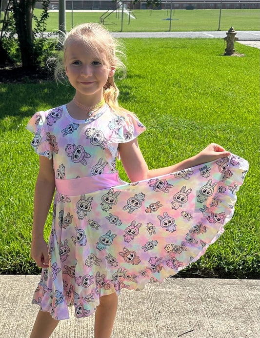 Pastel Labubu Bow Back Twirl Dress