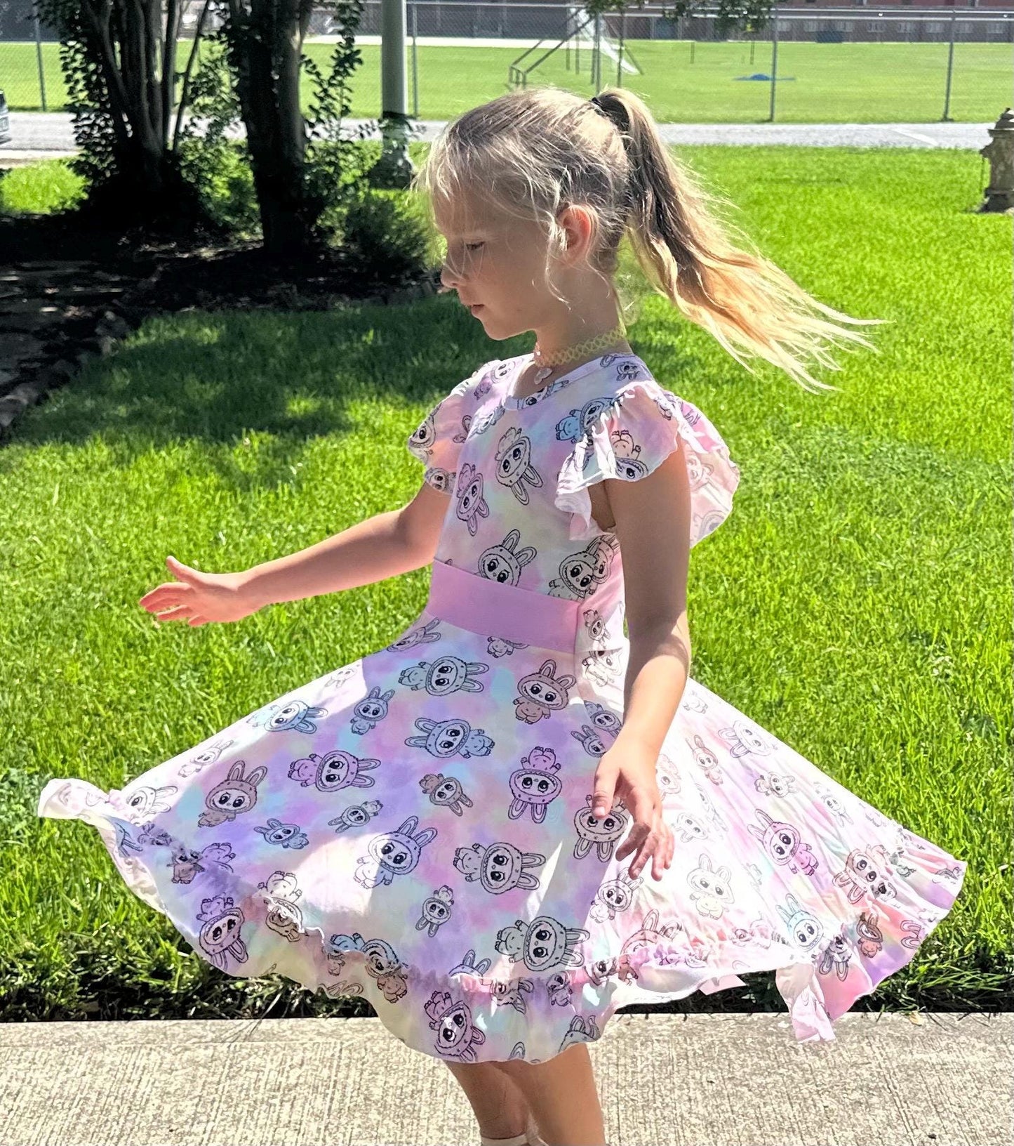 Pastel Labubu Bow Back Twirl Dress