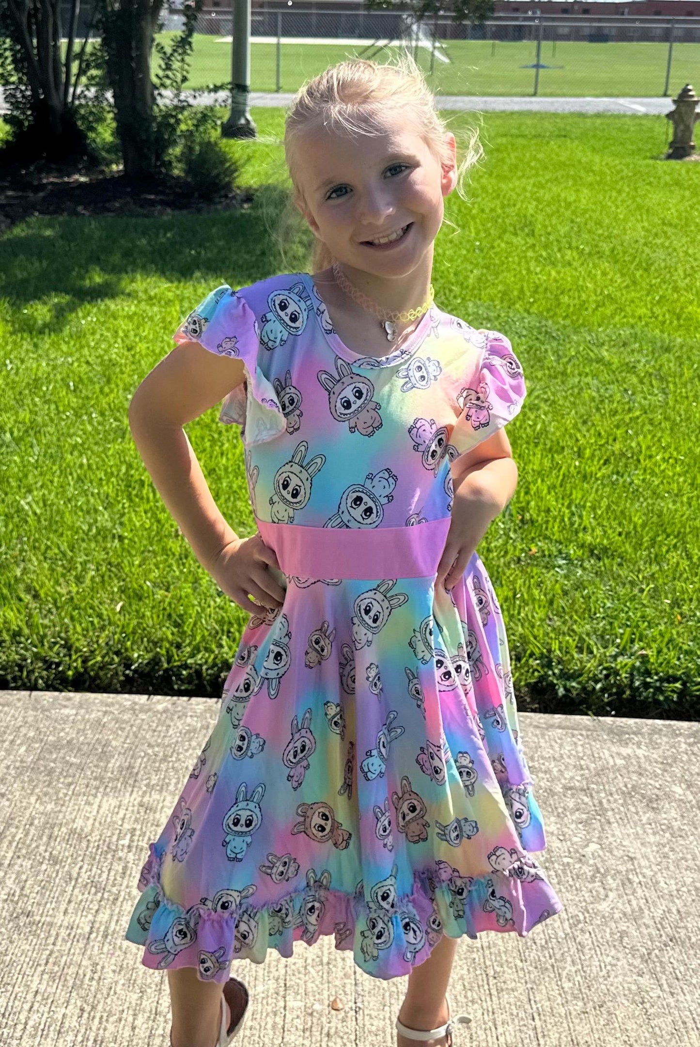 Rainbow Labubu Bow Back Twirl Dress