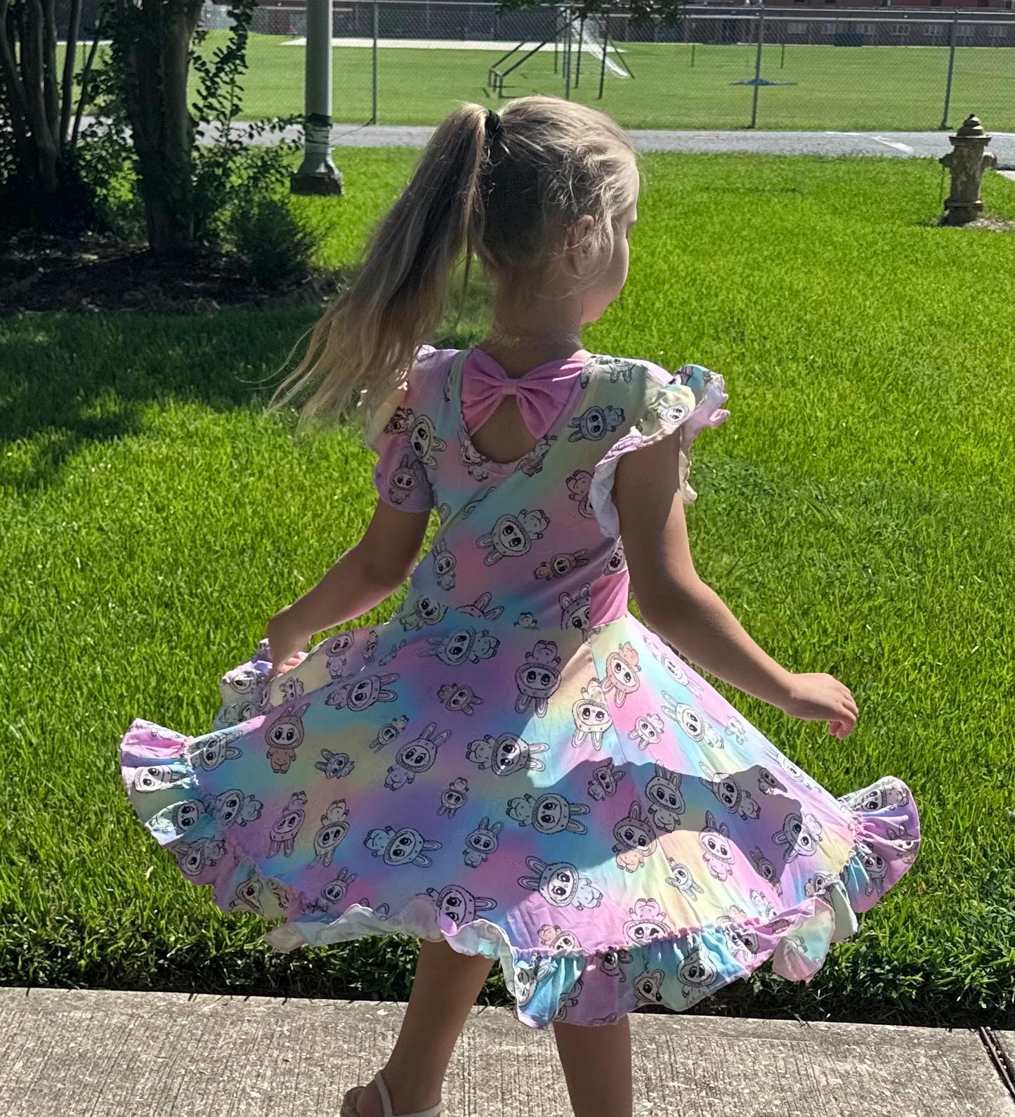 Rainbow Labubu Bow Back Twirl Dress