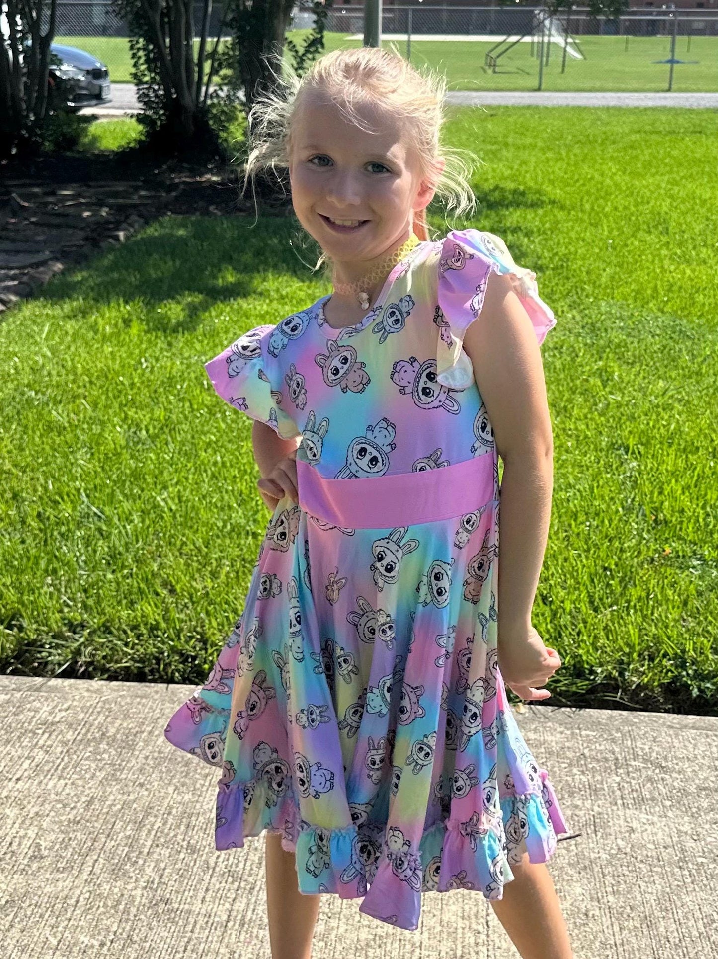 Rainbow Labubu Bow Back Twirl Dress