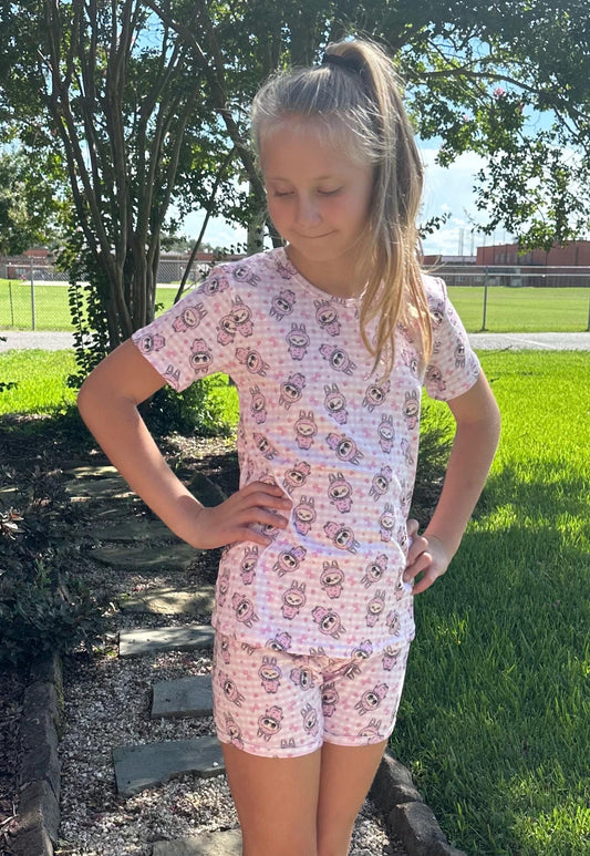 Pink strawberry Labubu Short Set