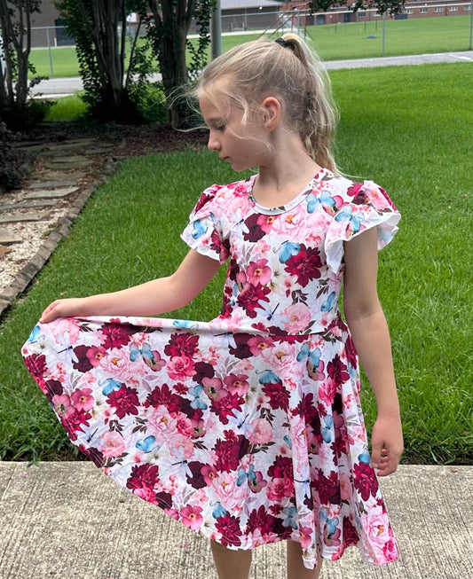 Floral Dragonfly and Butterfly Bow Back Twirl Dress