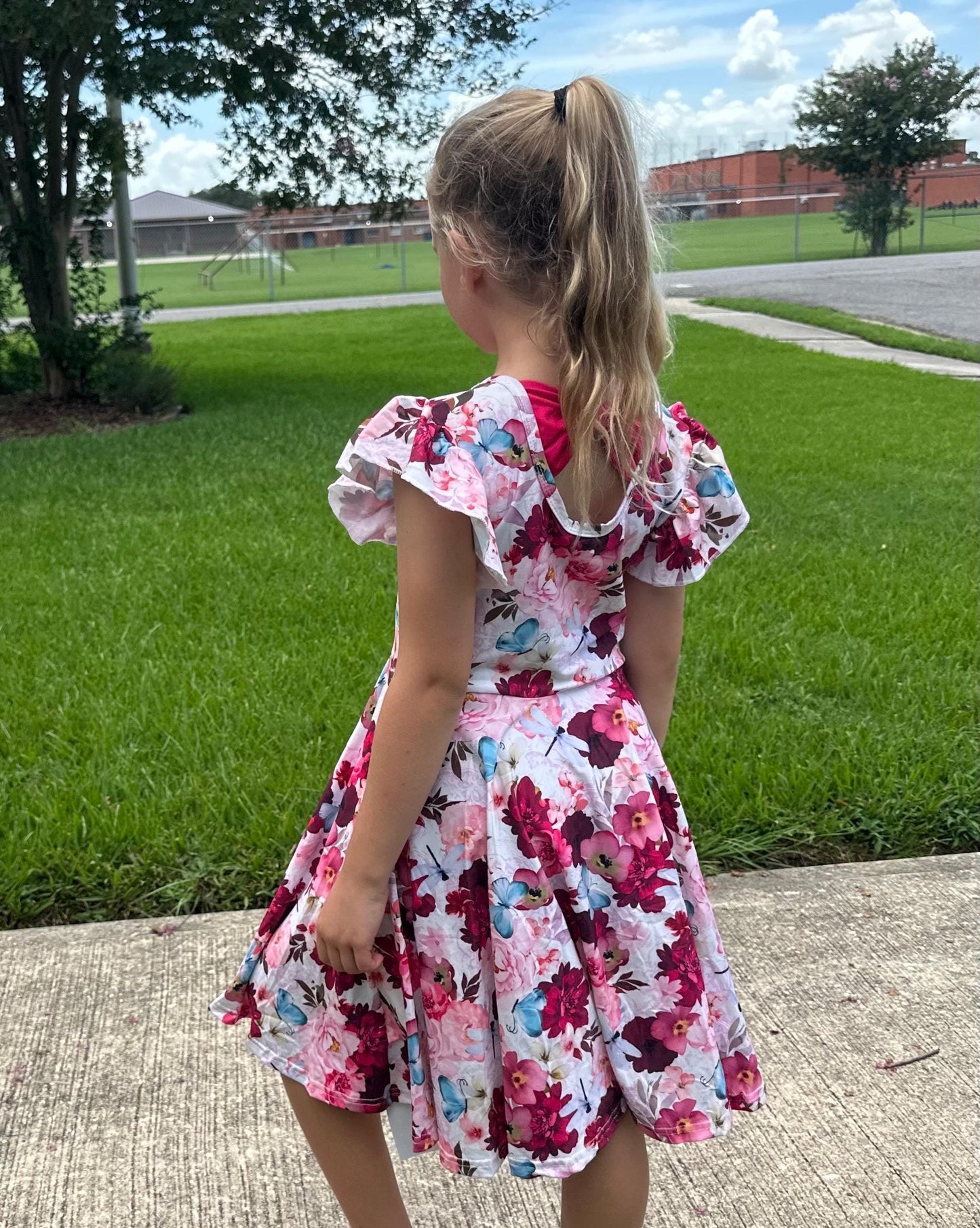 Floral Dragonfly and Butterfly Bow Back Twirl Dress