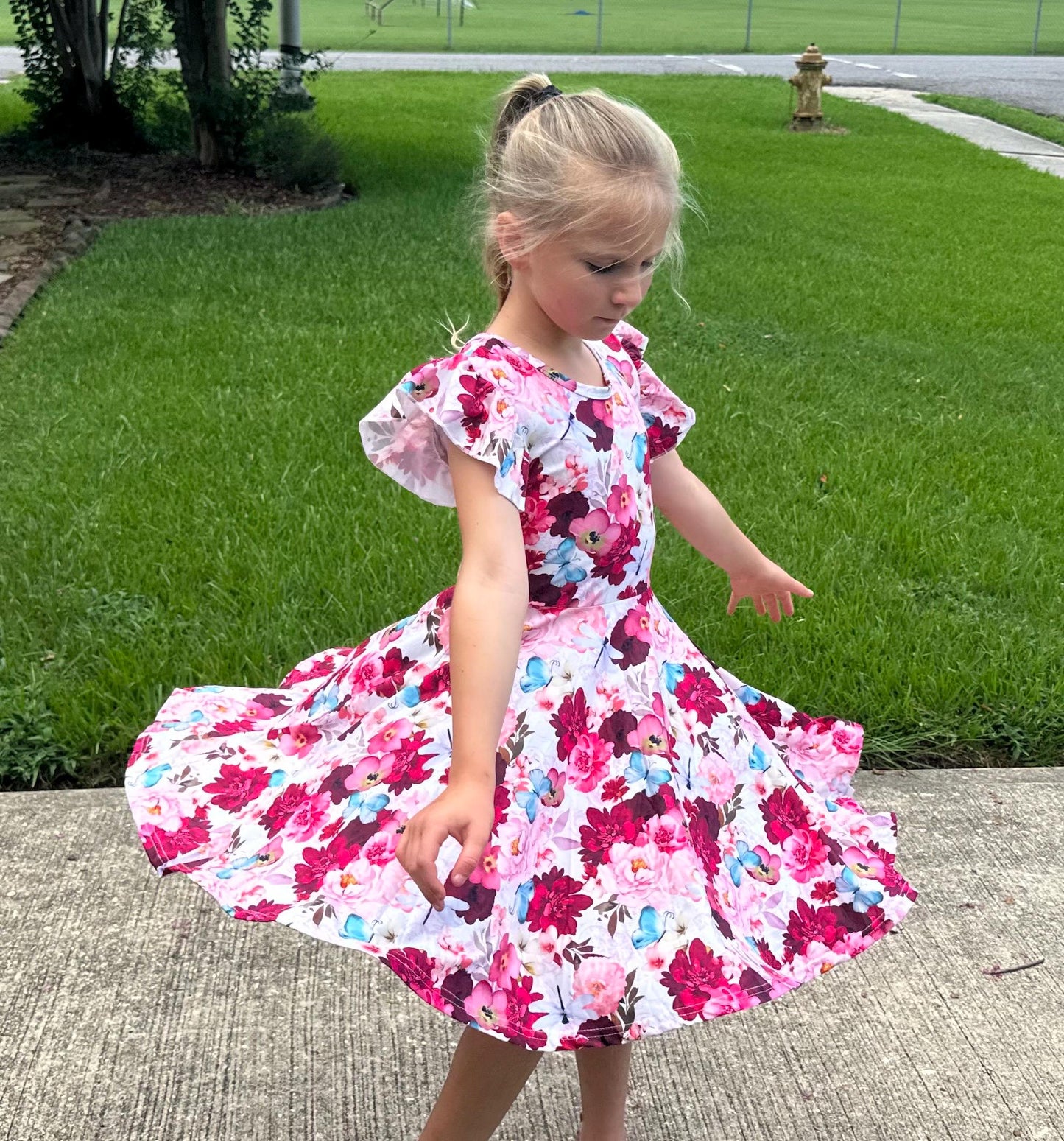 Floral Dragonfly and Butterfly Bow Back Twirl Dress