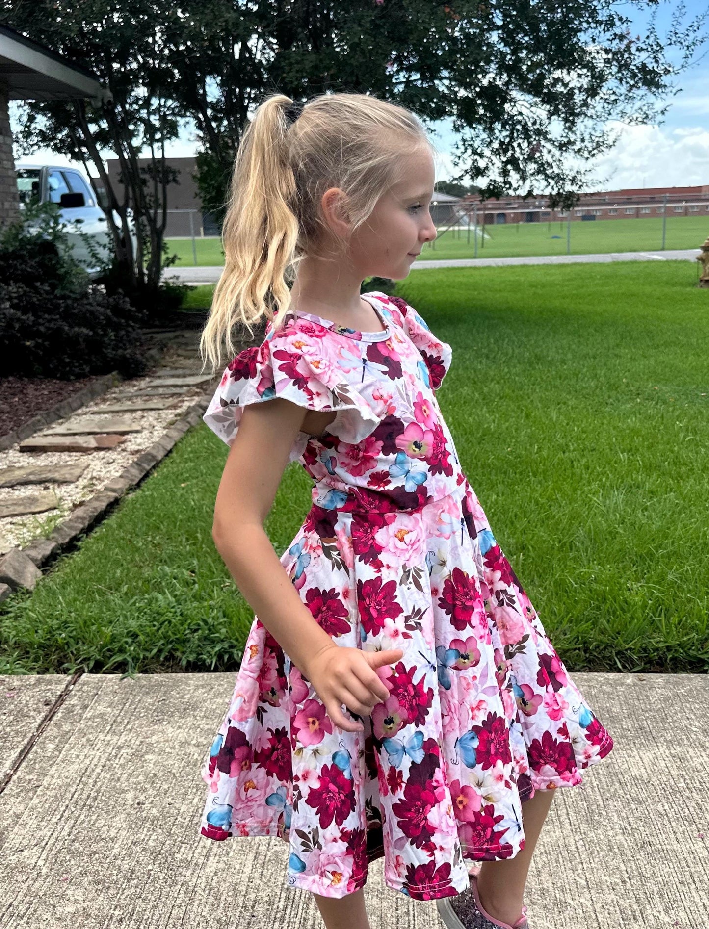 Floral Dragonfly and Butterfly Bow Back Twirl Dress