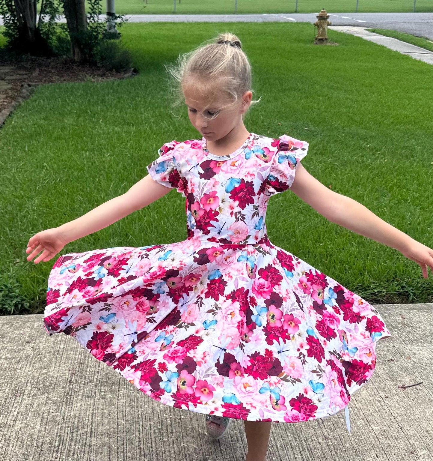 Floral Dragonfly and Butterfly Bow Back Twirl Dress