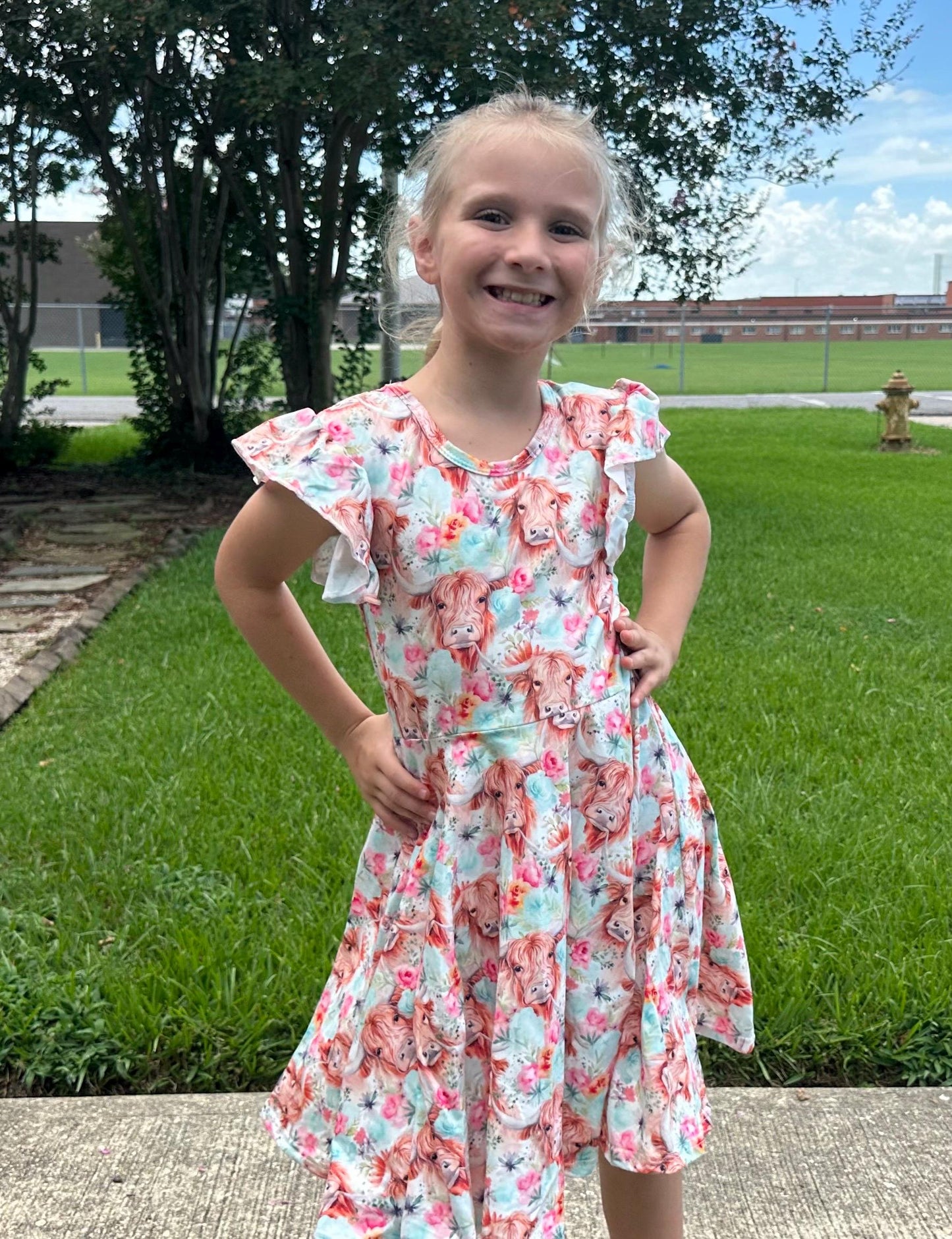 Highland Cows and Flowers Twirl Dress