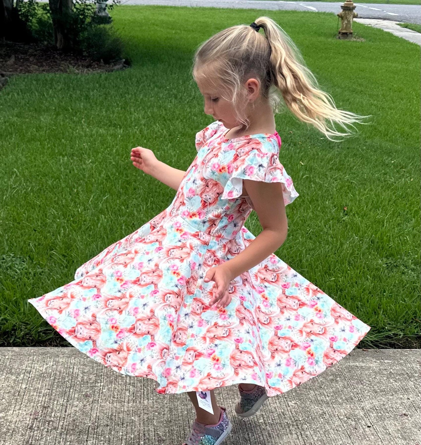 Highland Cows and Flowers Twirl Dress