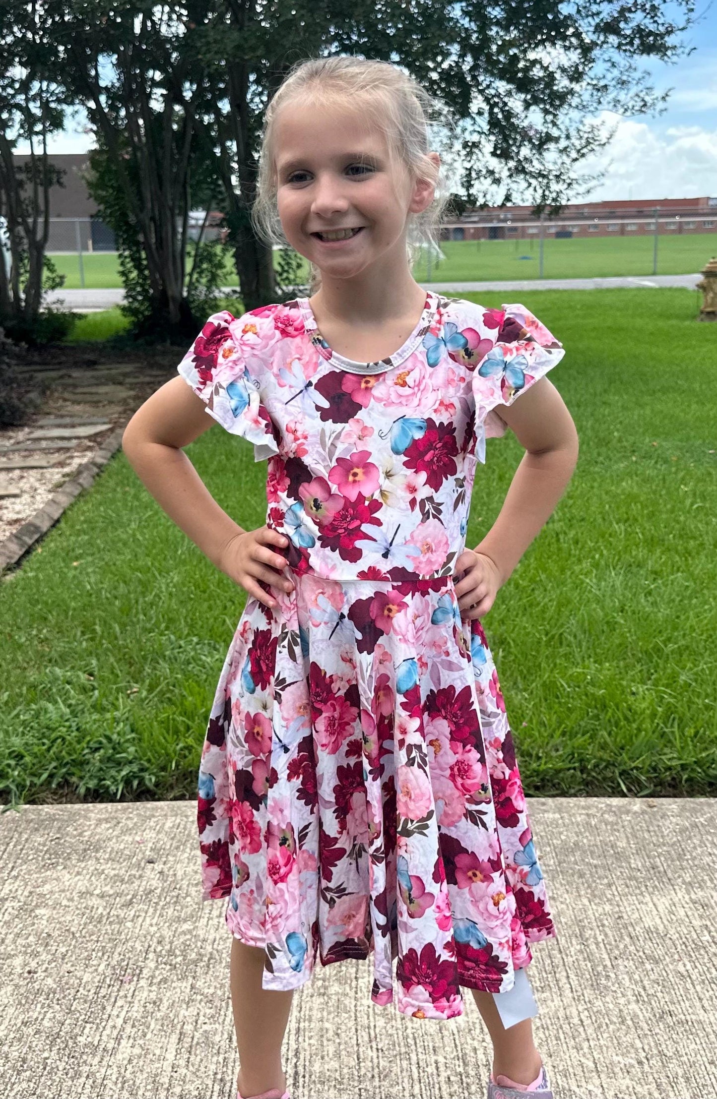 Floral Dragonfly and Butterfly Bow Back Twirl Dress