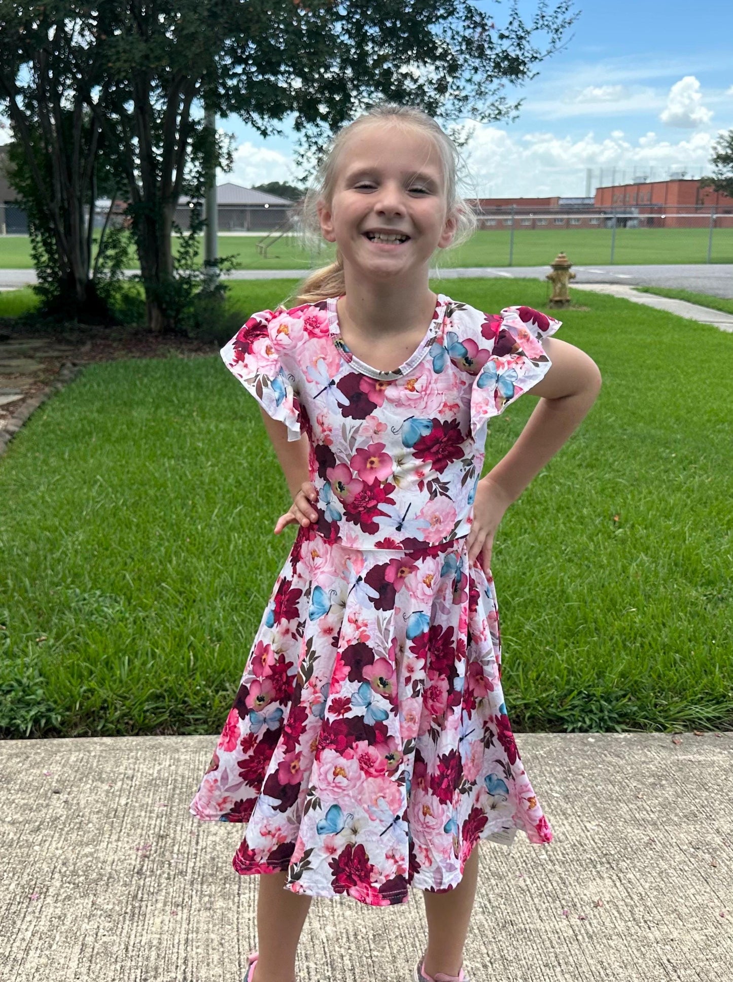 Floral Dragonfly and Butterfly Bow Back Twirl Dress