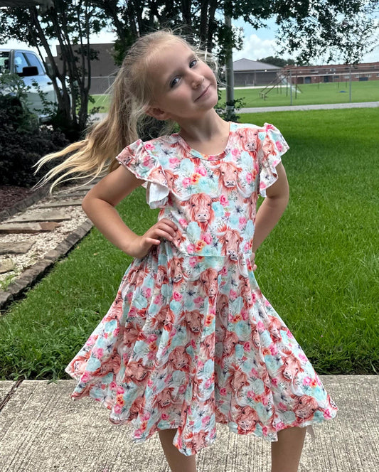 Highland Cows and Flowers Twirl Dress