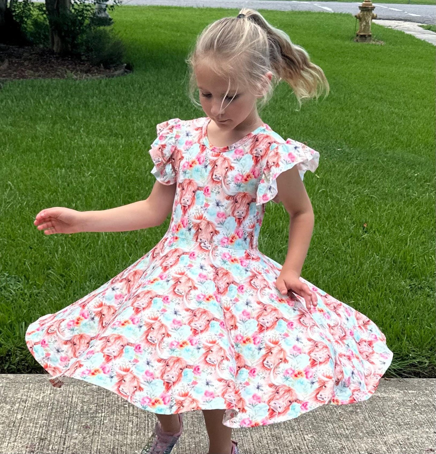 Highland Cows and Flowers Twirl Dress