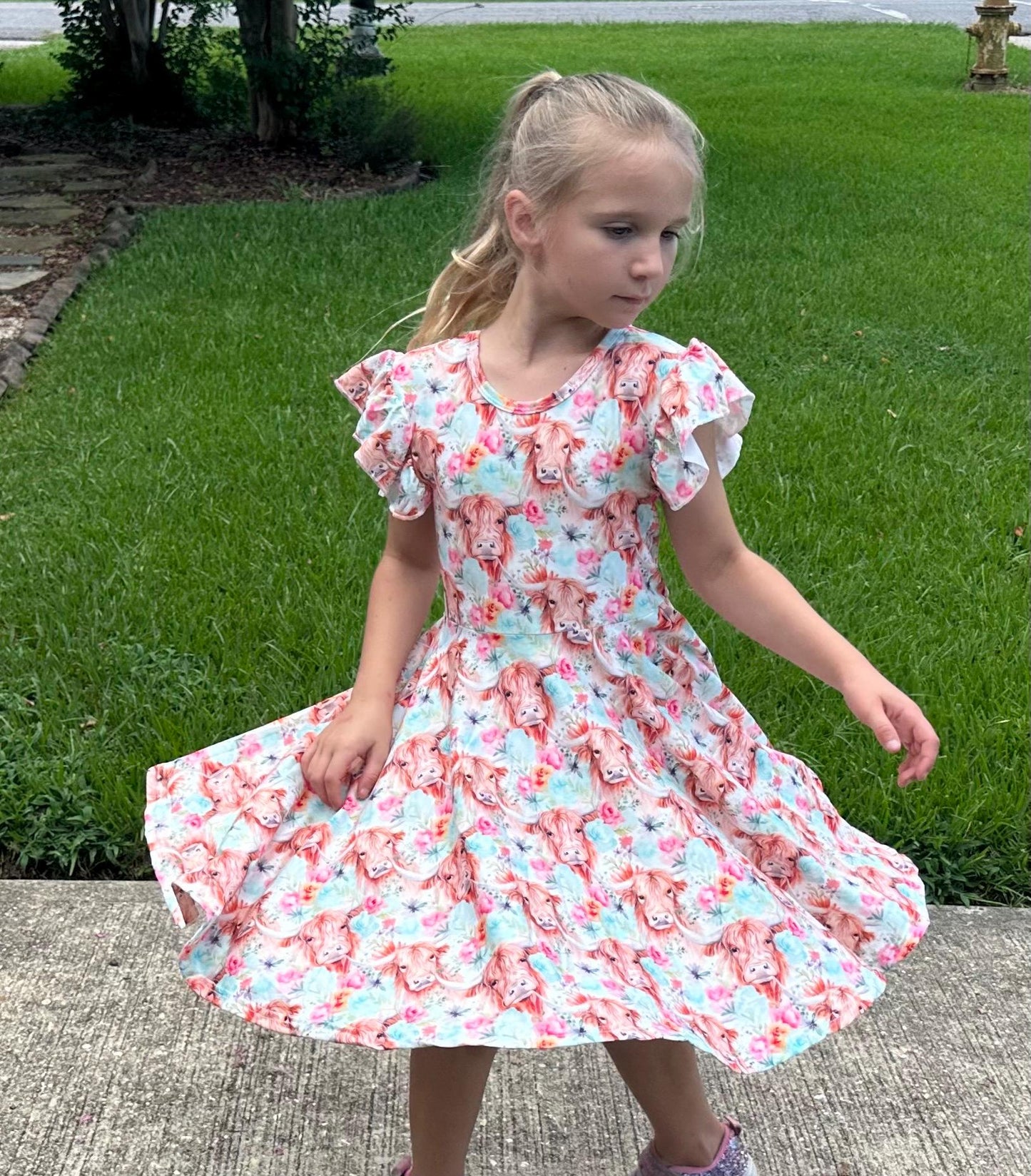 Highland Cows and Flowers Twirl Dress
