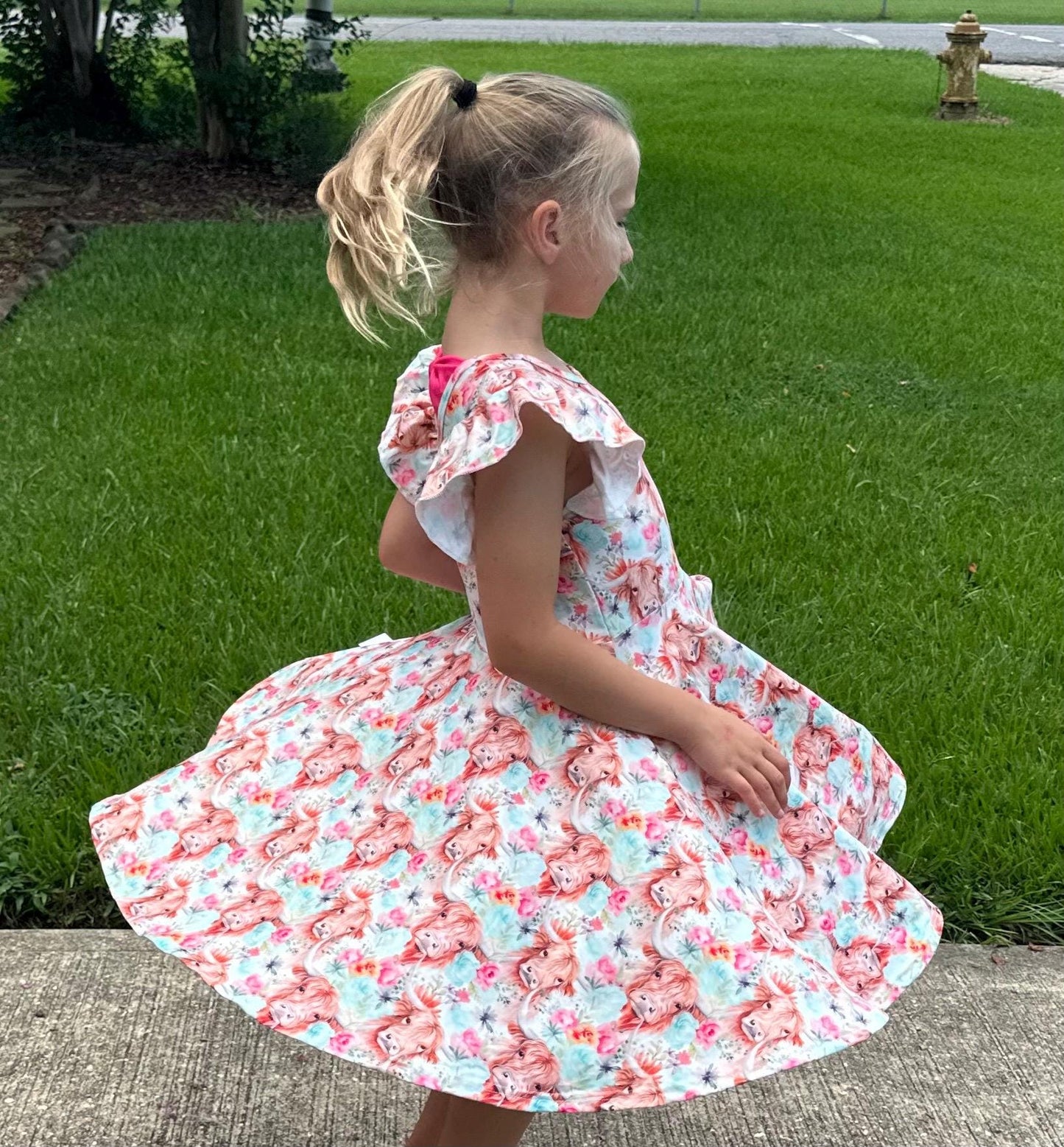 Highland Cows and Flowers Twirl Dress