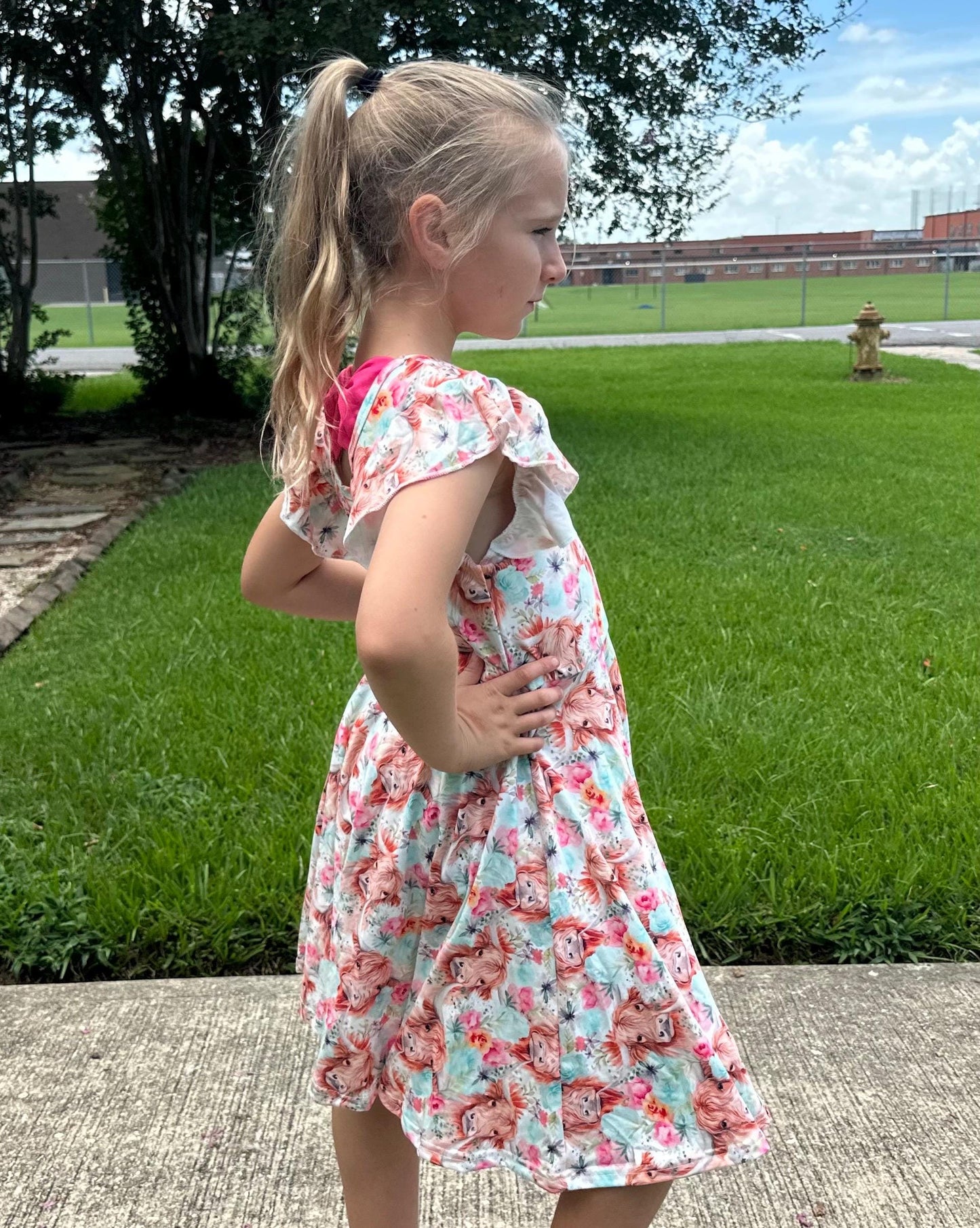 Highland Cows and Flowers Twirl Dress