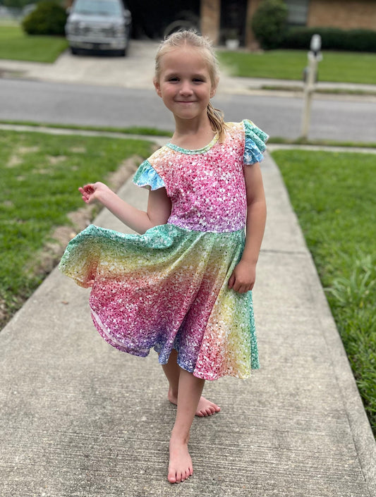 Rainbow Sparkle Twirl Flutter Dress