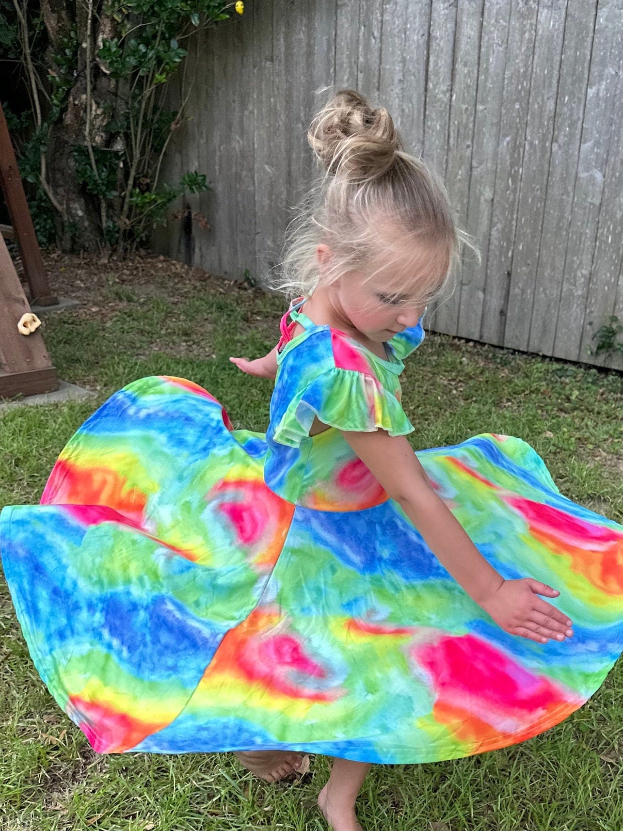 Rainbow Tye Die Cross-back Flutter Twirl Dress