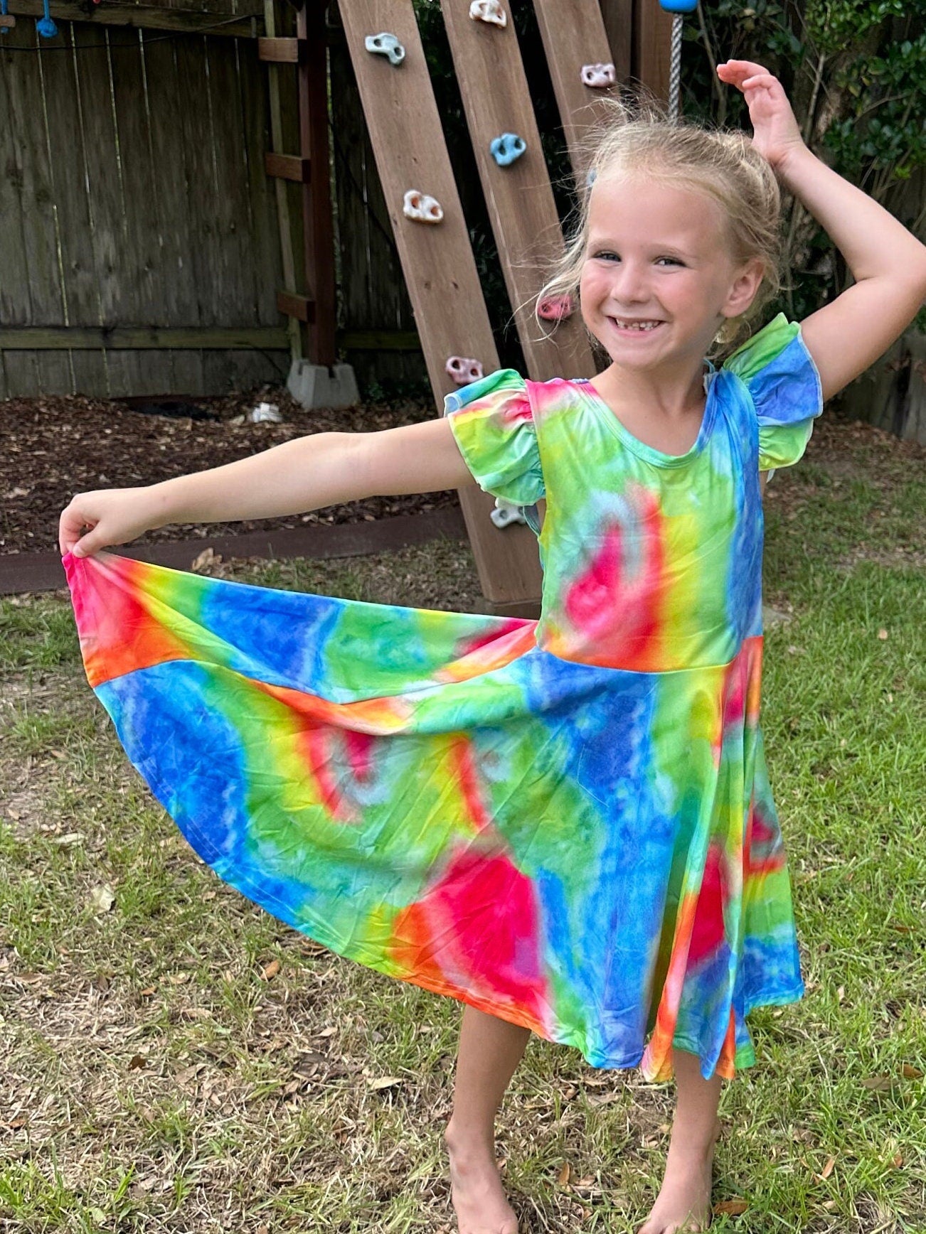 Rainbow Tye Die Cross-back Flutter Twirl Dress