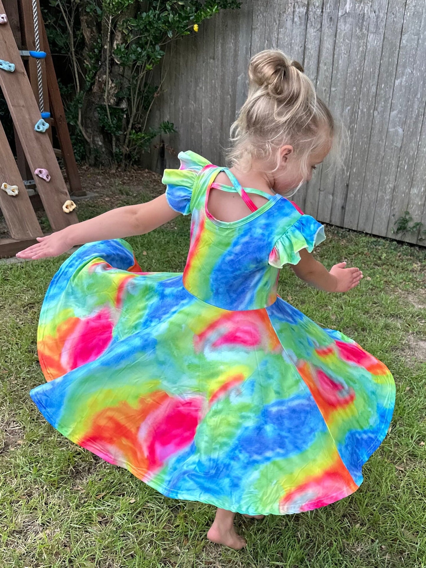 Rainbow Tye Die Cross-back Flutter Twirl Dress