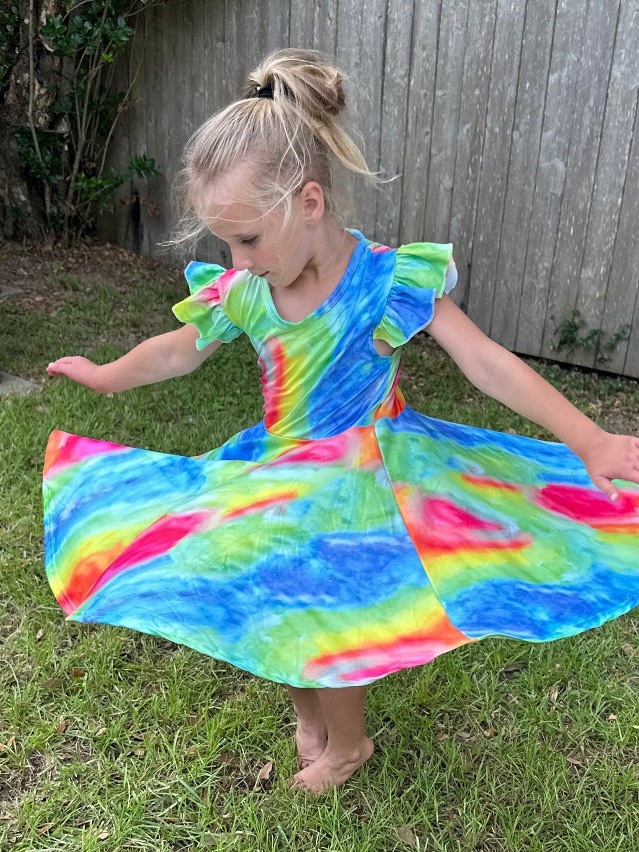 Rainbow Tye Die Cross-back Flutter Twirl Dress