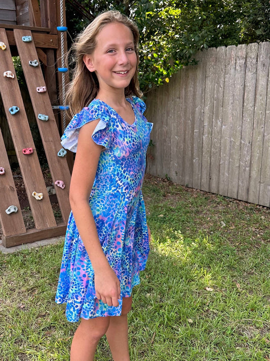 Blue Cheetah crossback flutter twirl dress