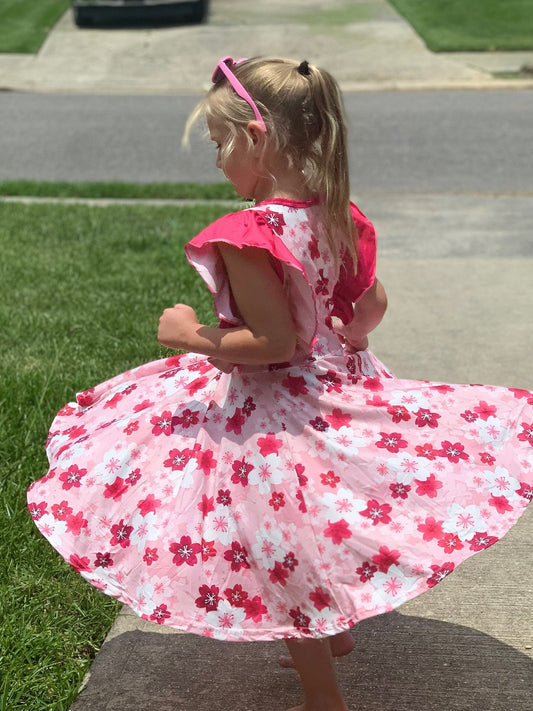 Pink Floral Ruffle Twirl Dress