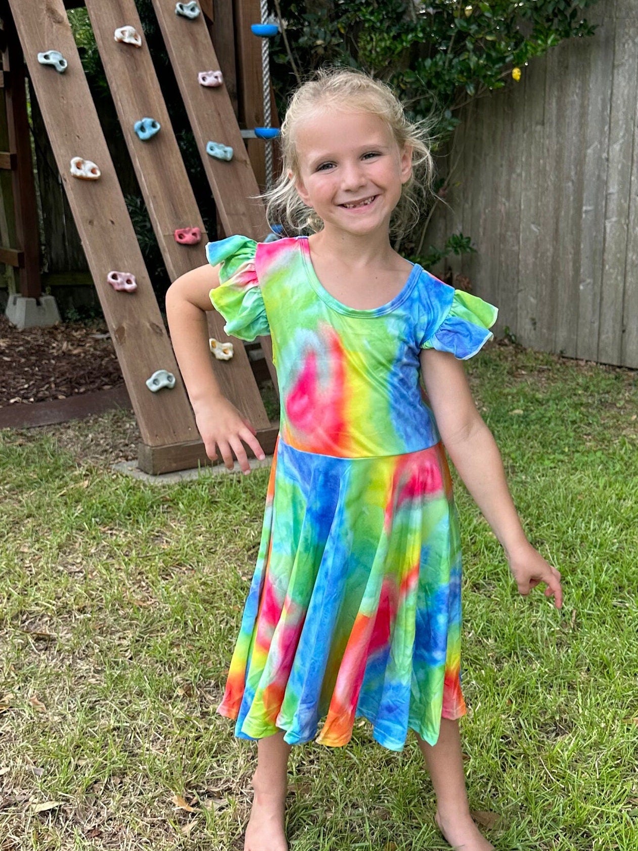 Rainbow Tye Die Cross-back Flutter Twirl Dress