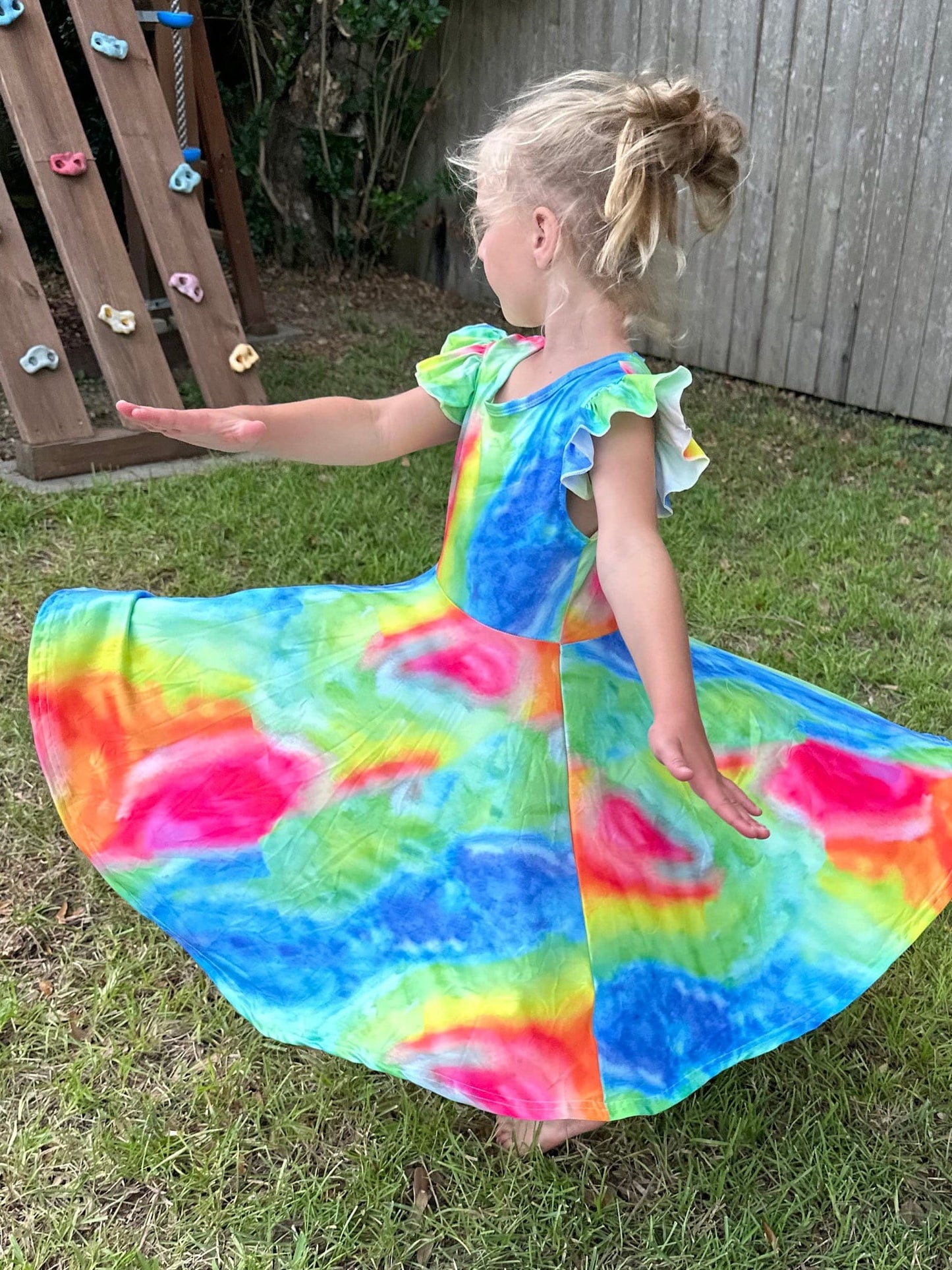 Rainbow Tye Die Cross-back Flutter Twirl Dress