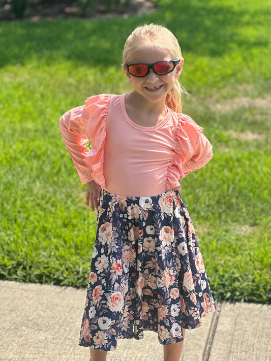 Peach and Grey Floral Ruffle Twirl Dress