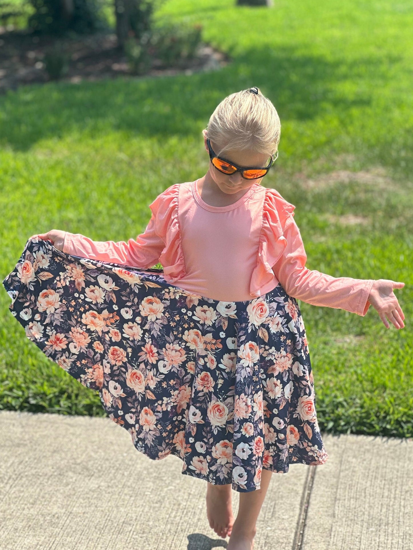 Peach and Grey Floral Ruffle Twirl Dress