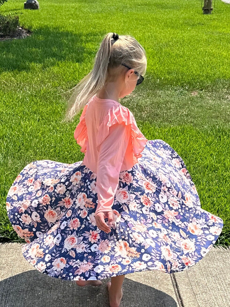 Peach and Grey Floral Ruffle Twirl Dress