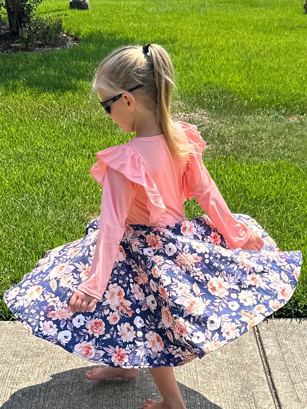 Peach and Grey Floral Ruffle Twirl Dress