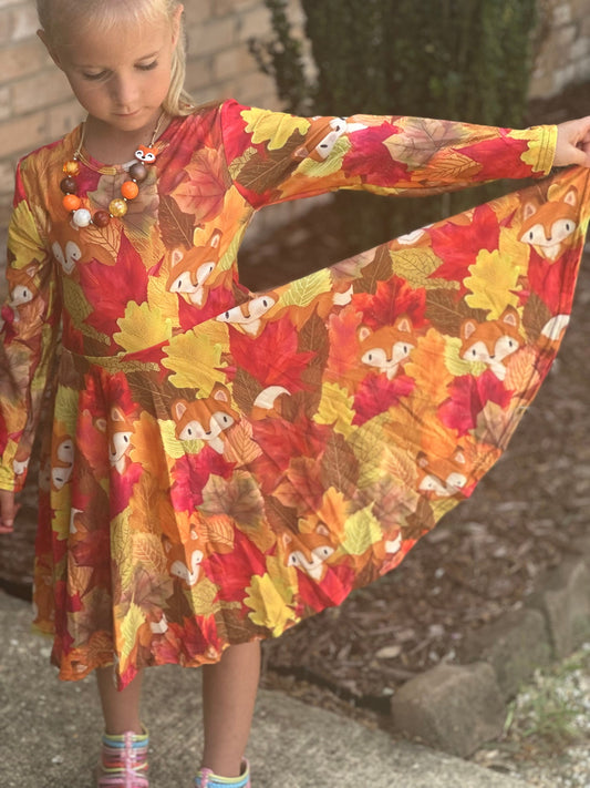 Foxy leaves fall twirl dress