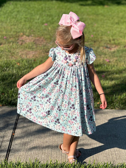 Blue Floral tie back flow dress