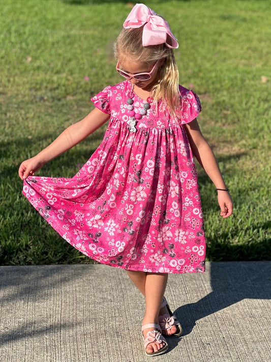 Pink floral tie flow dress