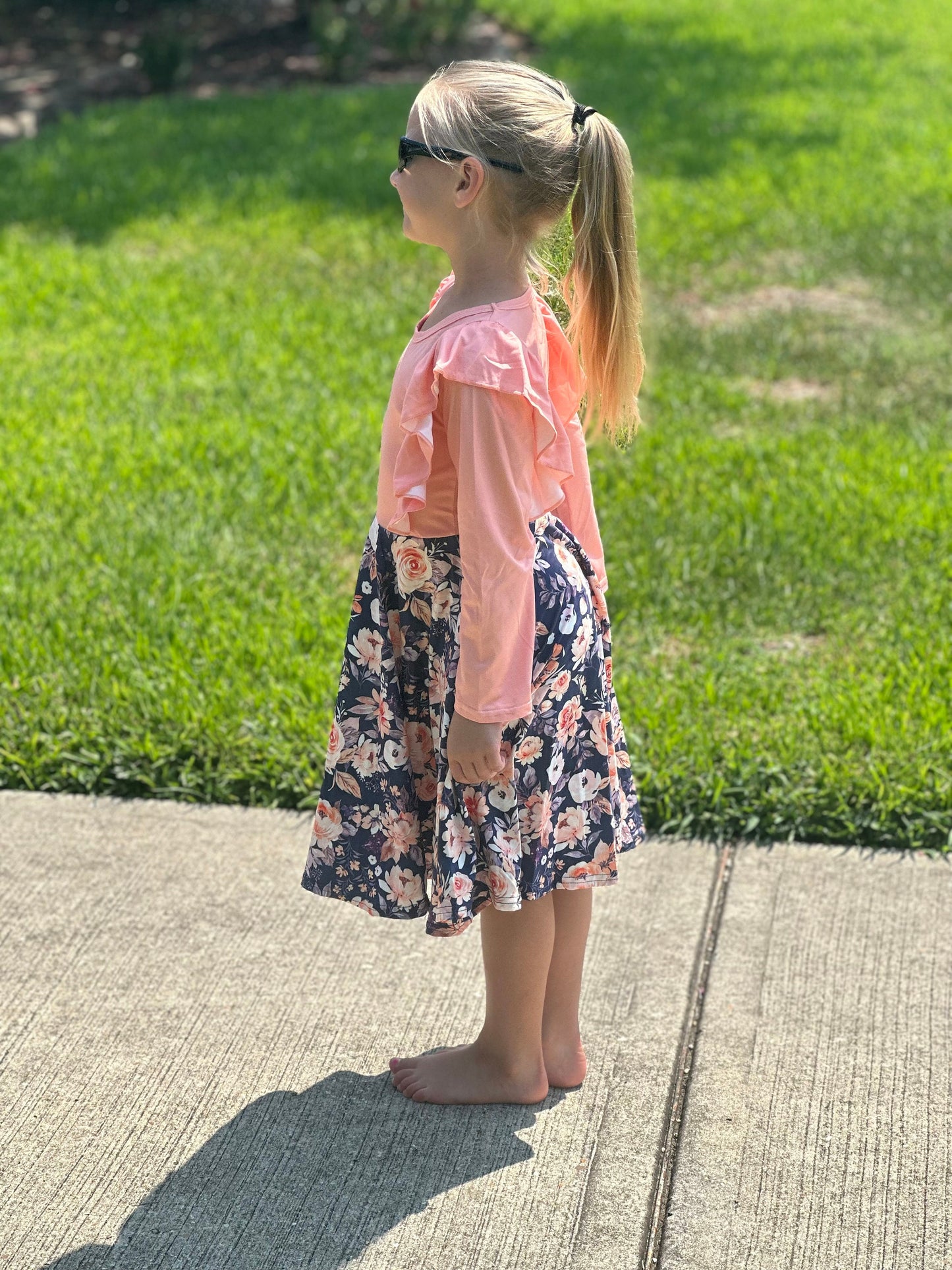 Peach and Grey Floral Ruffle Twirl Dress