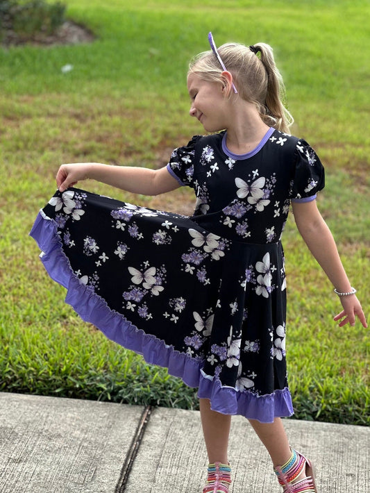 Purple Floral Butterfly Twirl Dress