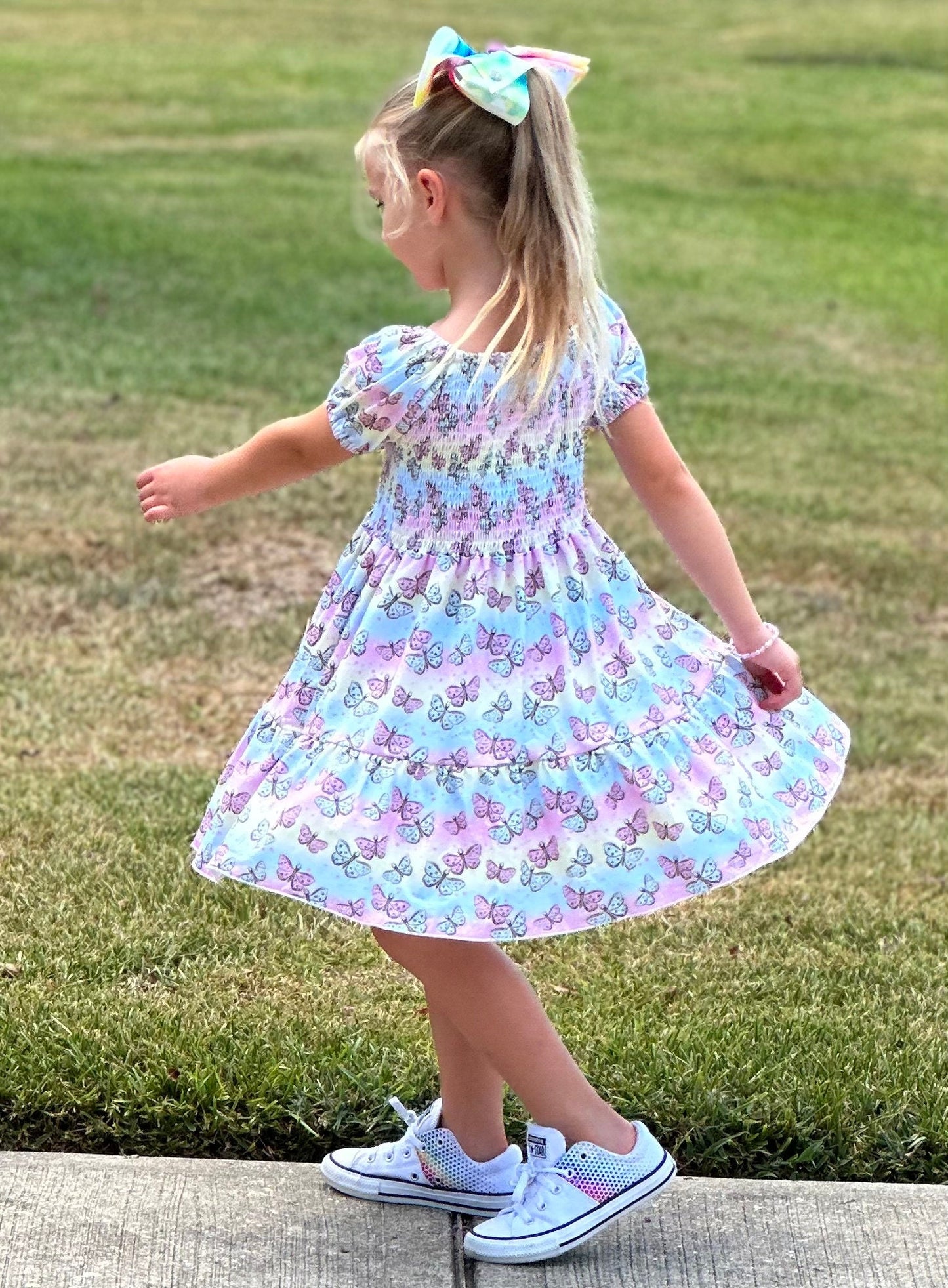 Pastel Butteflies Tiered Twirl Dress