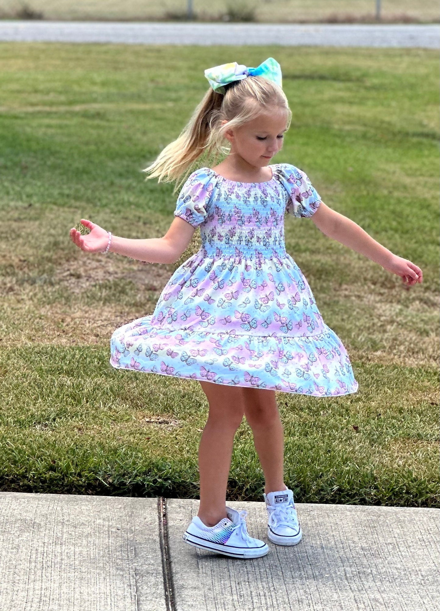 Pastel Butteflies Tiered Twirl Dress