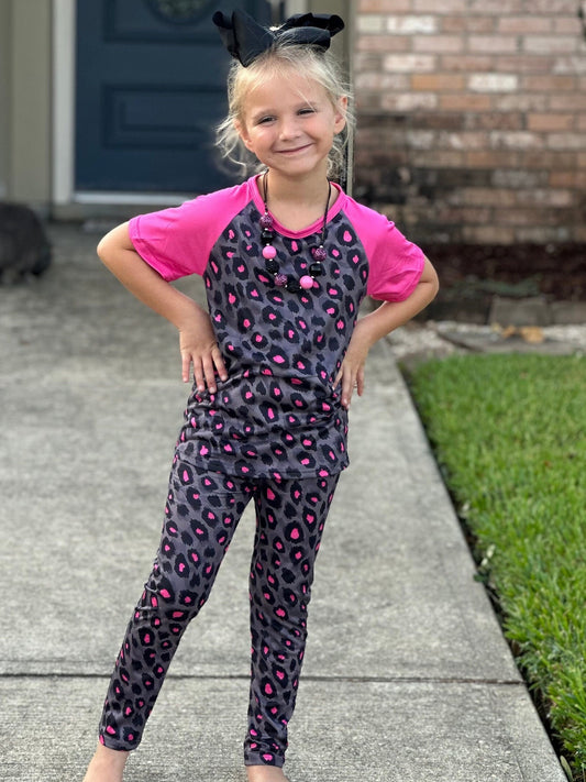 Pink and Grey Leopard Leggings Set